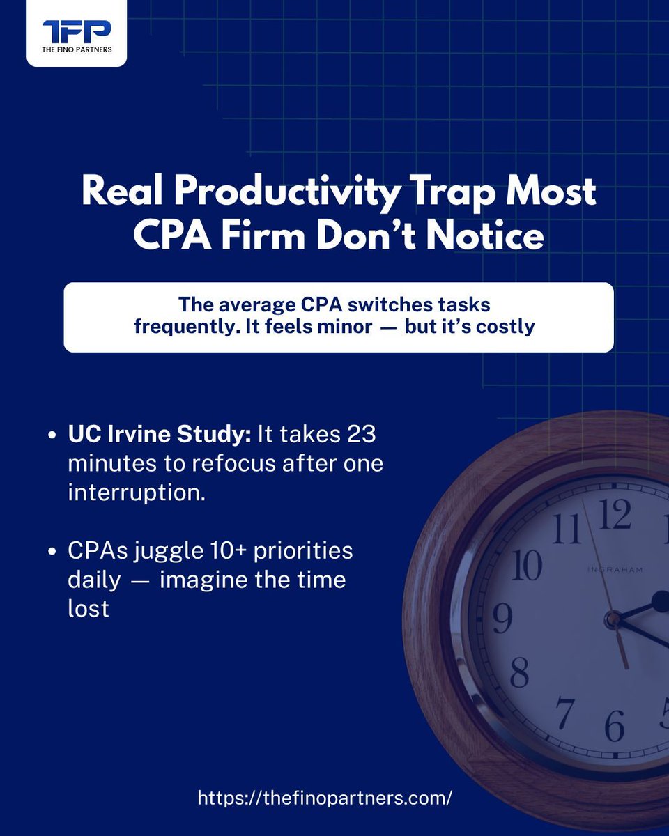 TheFinoPartners's tweet image. Task switching costs CPAs up to 40% productivity and 25% higher errors.

Outsourcing = clarity + focus + growth.
We handle the back office. You handle strategy.

Partner With Us Today! 
👉 thefinopartners.com

#AccountingEfficiency #SmartOutsourcing #CPA #USA
