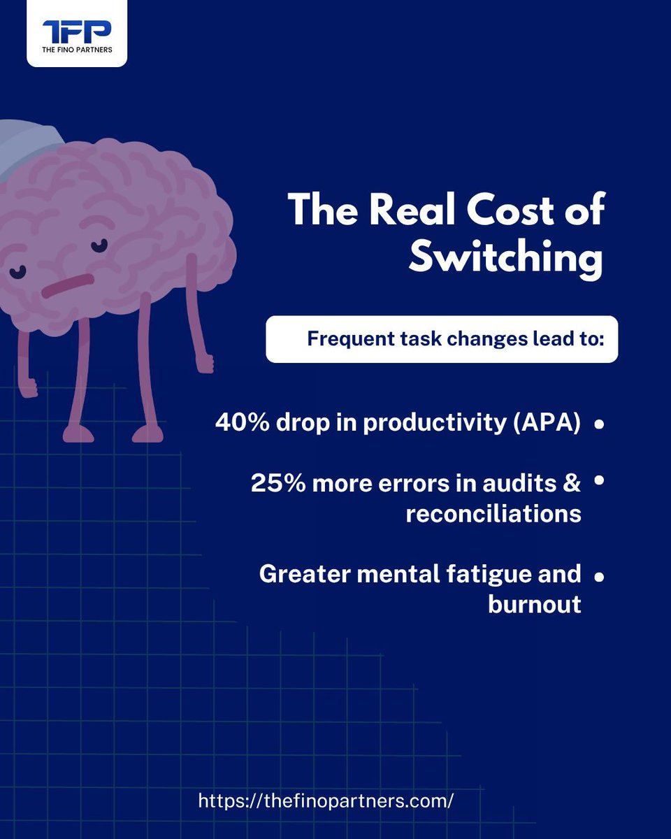 TheFinoPartners's tweet image. Task switching costs CPAs up to 40% productivity and 25% higher errors.

Outsourcing = clarity + focus + growth.
We handle the back office. You handle strategy.

Partner With Us Today! 
👉 thefinopartners.com

#AccountingEfficiency #SmartOutsourcing #CPA #USA