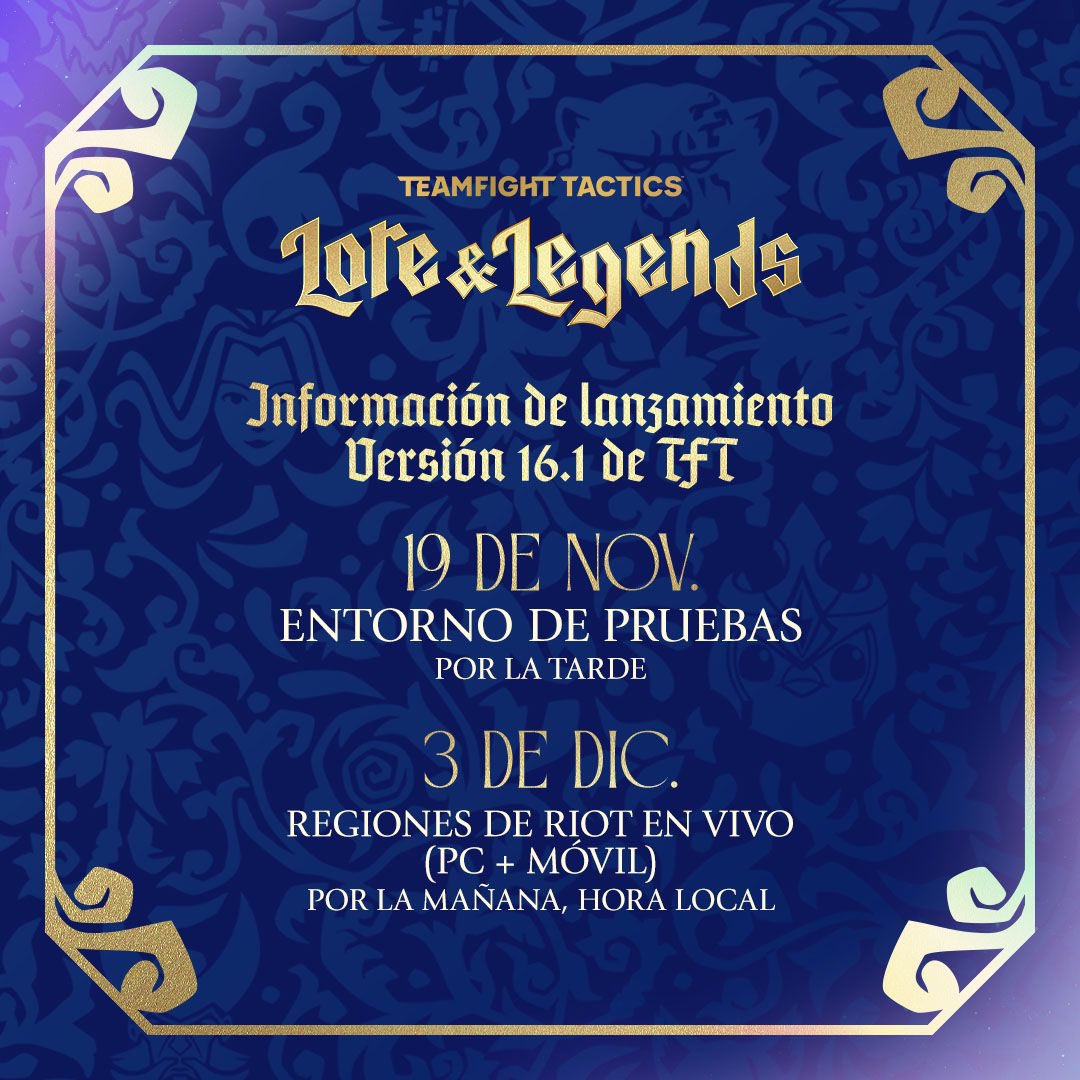ZacmanTFT's tweet photo. 🔥 ¡Se viene el nuevo capítulo de TFT! 🔥
Lore & Legends está a nada de llegar y ya tenemos las fechas oficiales del parche 16.1.
🔹 19 nov: PBE
🔹 3 dic: Lanzamiento global
👇 ¿Qué esperas del nuevo set? Buffs, nerfs o puro desmadre?
#TFT #Set16 #LoreAndLegends #PBE https://t.co/22E4VpaJWx