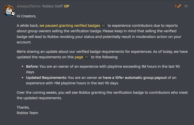 Game contributor's are now able to obtain a Verified Badge. ✅

#RobloxDevs #RobloxDev #Roblox #New #Verified #Badge #New #Contributor
