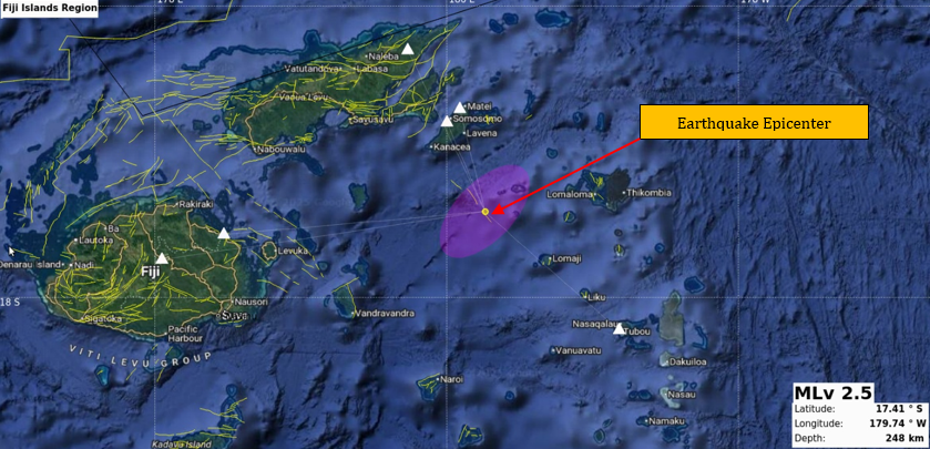 Earthquake Information bulletin issued.
Date: 15/11/2025
Time: 12:14:27 PM
Magnitude: 2.5
Depth: 248km
Location: 26 km NE from Yacata Island.
However, it does not pose any immediate tsunami threat to the Fiji region.