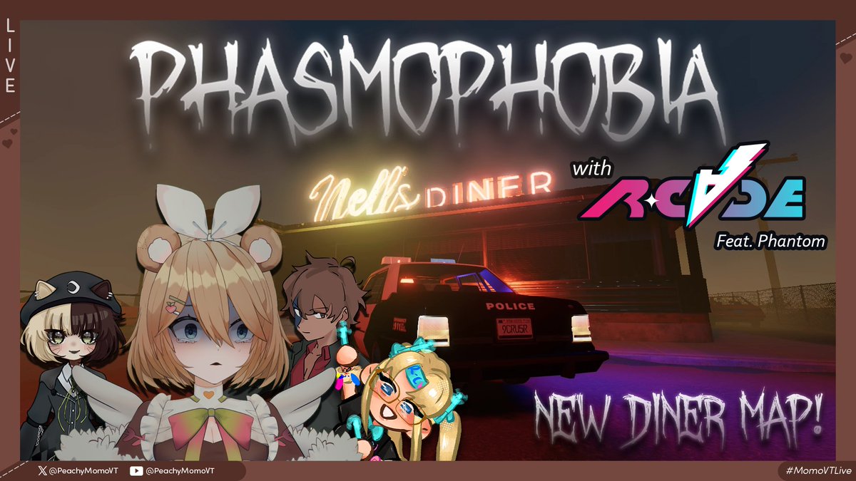 WE'RE LIVE!!🔴

Playing Phasmophobia and exploring the BRAND NEW DINER MAP with <a href="/RCVDE/">RC∀DE ⚡</a>!! Featuring Luna and Ririn with special honorary mention <a href="/PhantomAquarius/">Phantom</a>! 

➪ twitch.tv/peachymomo_vt