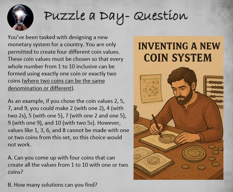 PuzzleADayBlog's tweet image. Puzzle: Inventing a New Coin System

#puzzle #puzzles #puzzleaday
