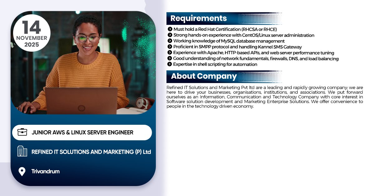 linuxgroup's tweet image. Junior AWS &amp;amp; linux server Engineer Job #1networksupportengineer #Jobsearch #JobAlert #jobvacancy #ipsrjobs #jobs2025 #ipsr #25yearsofipsr #careeropportunity #ltjobs #MNCJobs #techcelerating_careers #devops #AWS #vacancy #linux