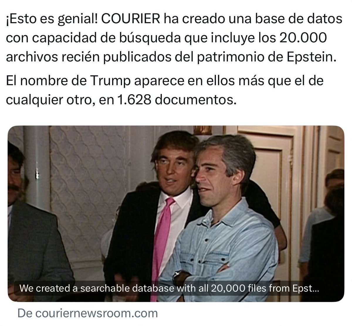 Estamos hablando de la noticia más importante del planeta tierra y el periodismo colombiano la está pasando por alto. De los más de 20.000 archivos publicados del patrimonio de Epstein, Donald Trump es el que más aparece en ellos en más de 1628 documentos. Y el periodismo