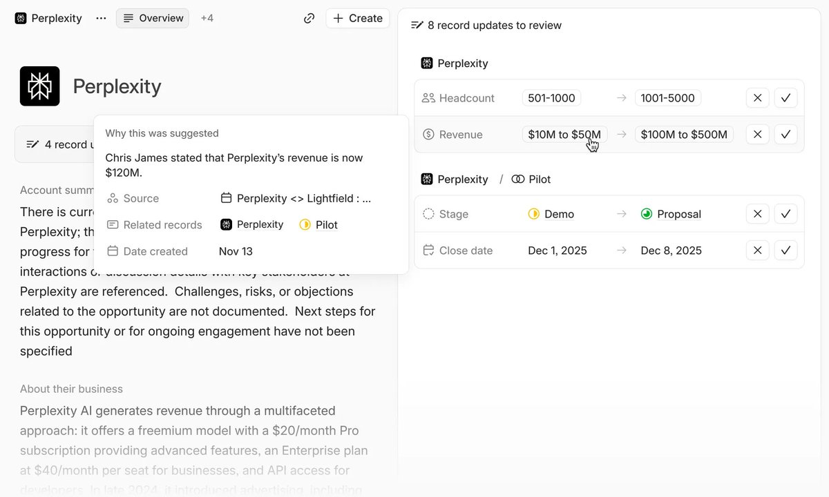 lightfld's tweet image. First public change log - 11/14 🪵

- Improved clarity in suggested record updates
- Higher-quality people data enrichment
- The agent is now trained on help content so you can ask it any question on how to use Lightfield

Thanks for a great first week in GA.…