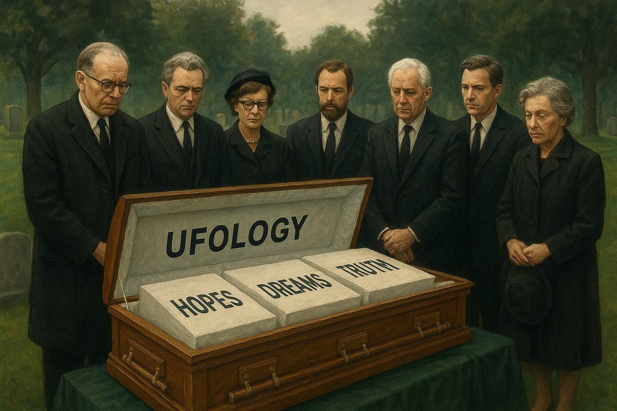 AnneK32815's tweet image. Here Lies Ufology, 1947-2025. We came for the nuts and bolts, stayed for the late night CE5s, unlikely friendships, mind-altering synchronicities &amp;amp; awakening of our 3rd eye, we left with cynicism, disillusionment &amp;amp; distrust. 
RIP 💔