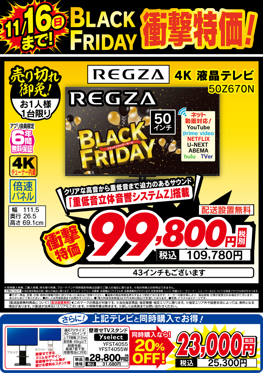 11/16(日)まで！ブラックフライデー衝撃特価！ ＼ #REGZA 4K液晶テレビ