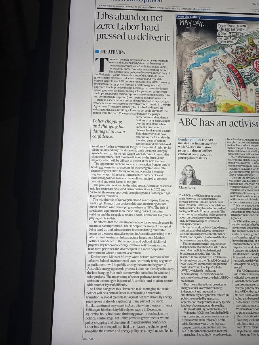 QuentinDempster's tweet image. The Liberal Party has lost the Australian business sector with its “sheer fatuousness and contradictions” by abandoning net zero target. ⁦@FinancialReview⁩ editorial 15-16/11/25. The so called party of rational market economics relegates itself to the political fringe. 👇✅