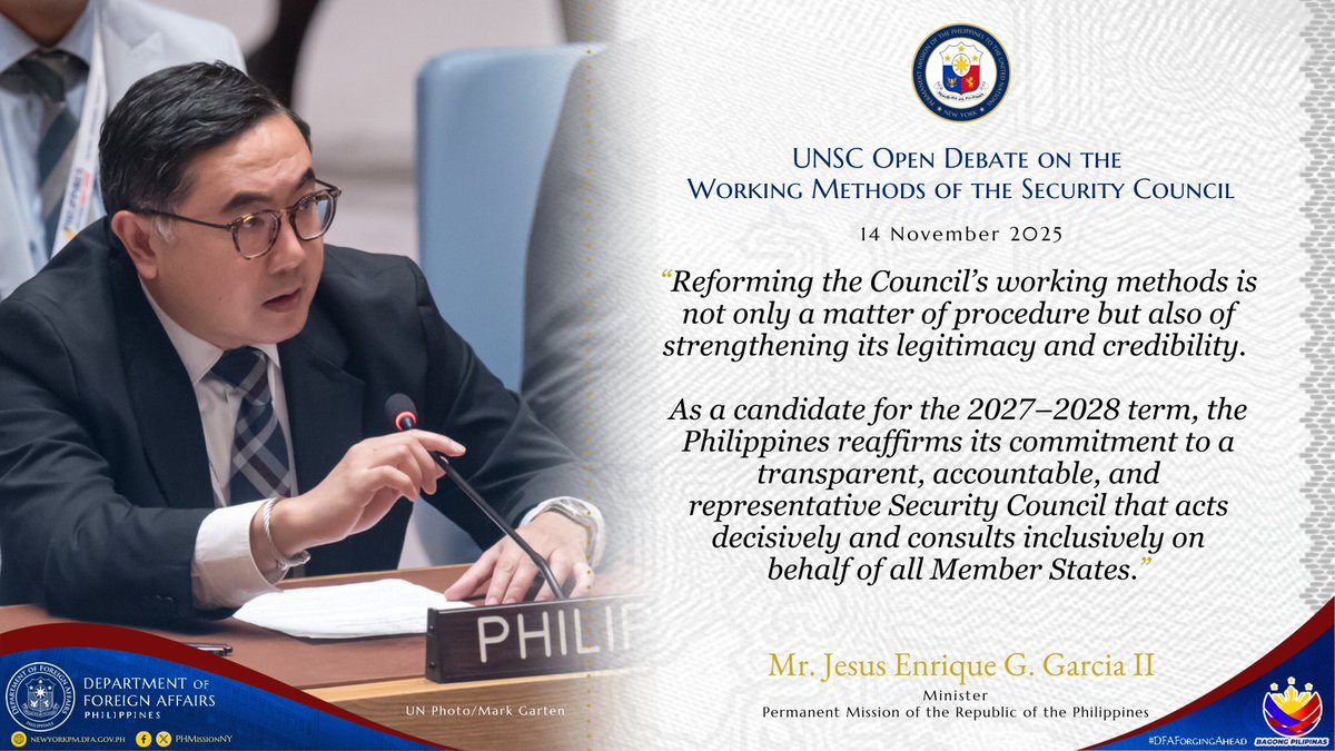 PHMissionNY's tweet image. During today’s #UNSC Open Debate on the #WorkingMethods of the #SecurityCouncil, 🇵🇭 Minister Jesus Enrique Garcia II highlights the importance of effective working methods in maintaining confidence in the Council’s ability to fulfill its UN Charter mandate.

@DFAPHL #PHinUNSC