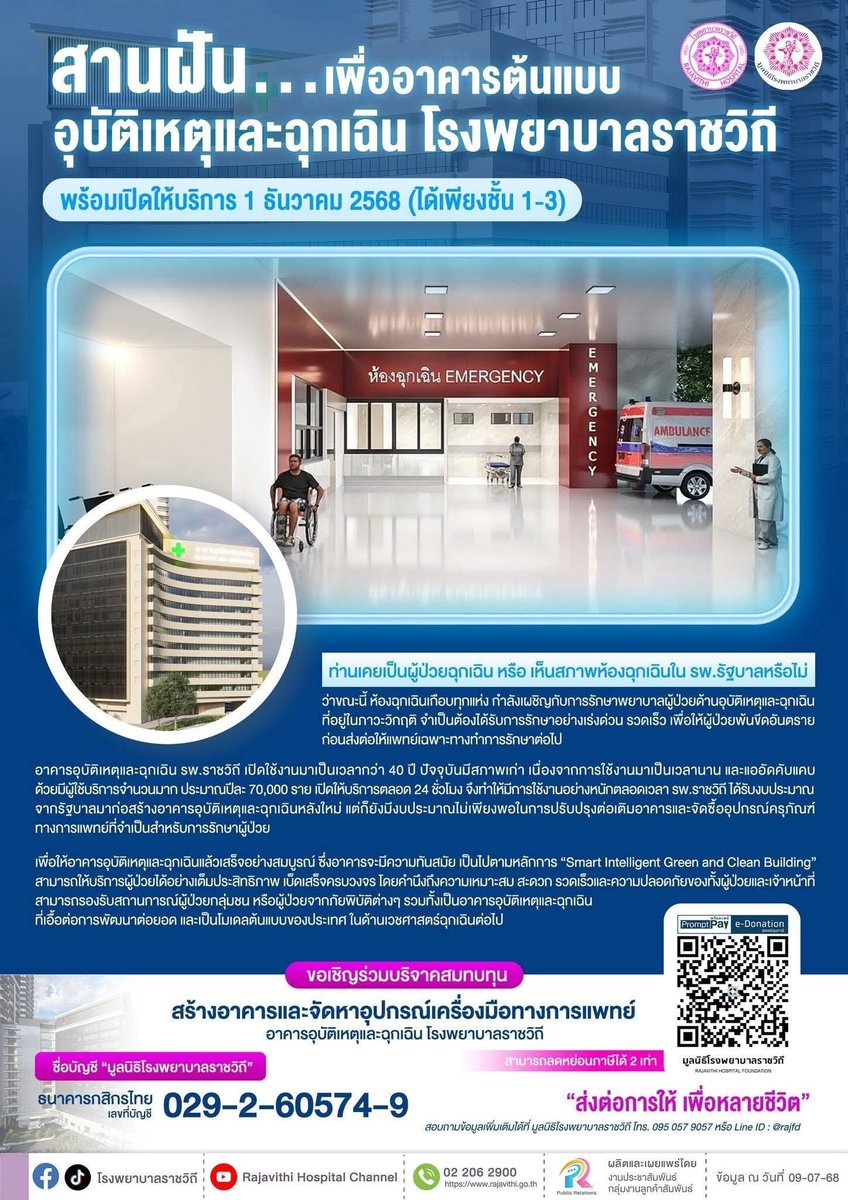 kadanboon1995's tweet image. ขอเชิญร่วมบริจาคสมทบทุนเพื่อก่อสร้างอาคารและจัดซื้ออุปกรณ์เครื่องมือแพทย์ อาคารอุบัติเหตุและฉุกเฉิน โรงพยาบาลราชวิถี

ชื่อบัญชี: มูลนิธิโรงพยาบาลราชวิถี
ธนาคารกสิกรไทย: 029-2-60574-9
หรือผ่าน QR e-Donation 

“ส่งต่อการให้ เพื่อหลายชีวิต”
พร้อมเปิดให้บริการวันที่ 1 ธันวาคม 2568…