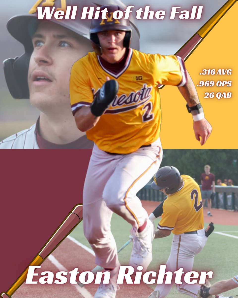 🌟The 2025 <a href="/ThomasJKnauss/">Thomas Knauss</a> well hit champion: <a href="/easton_richter/">Easton Richter</a> 🌟

The senior stood-out at the plate in his 2nd fall with <a href="/GopherBaseball/">Minnesota Baseball</a>. In 38 AB's he tallied a .969 OPS with 3 long balls! 

On the bases he also lead the team with 8 stolen bags this fall!