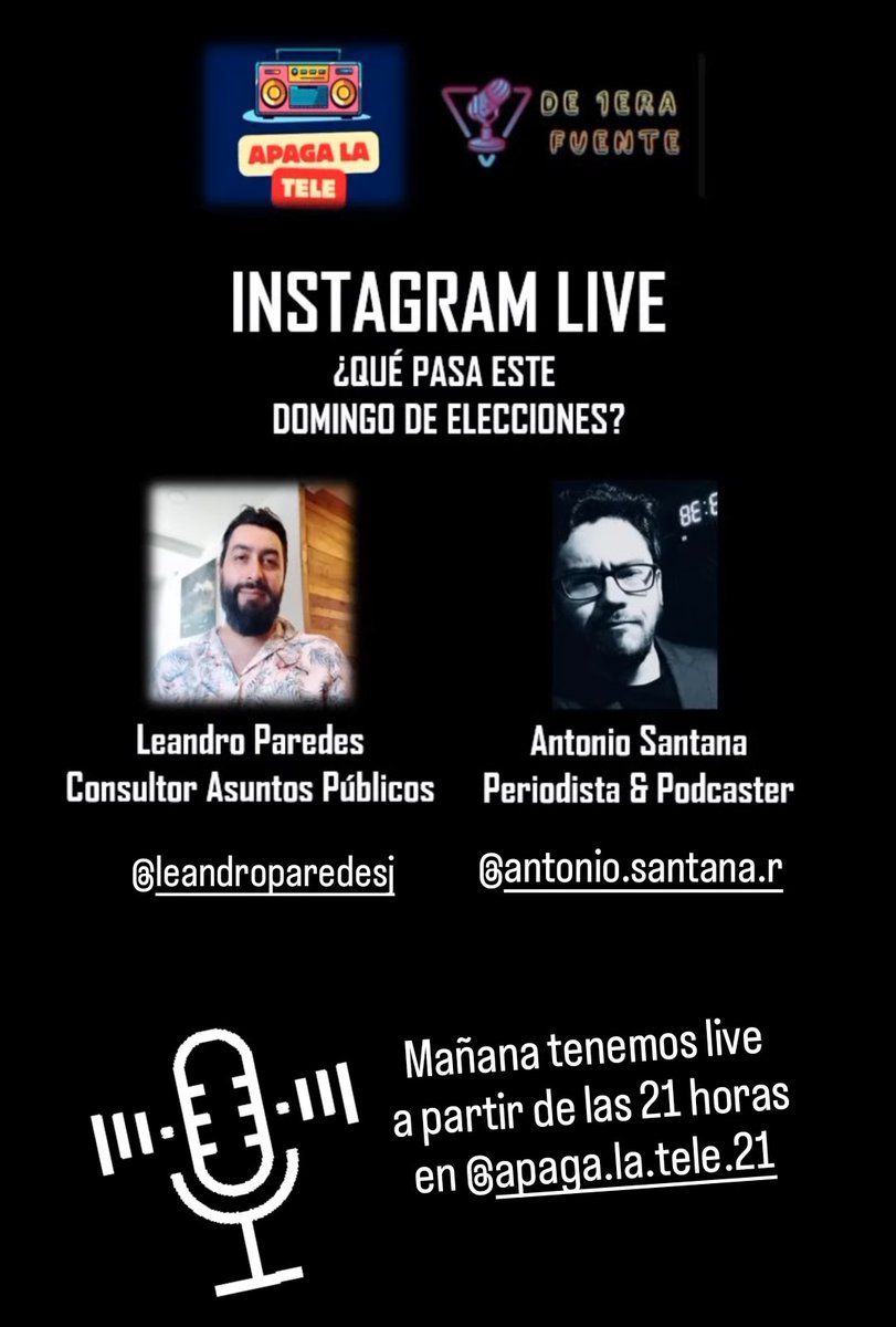 #ValdiviaCL
Sábado  21 hrs hacemos Instagram Live para analizar estos últimos minutos de campaña, las proyecciones de la 1era vuelta y cómo queda armado el parlamento en la región y el país, por el Instagram de Apaga la Tele 
#podcast #elecciones #chilevota #presidencial2025