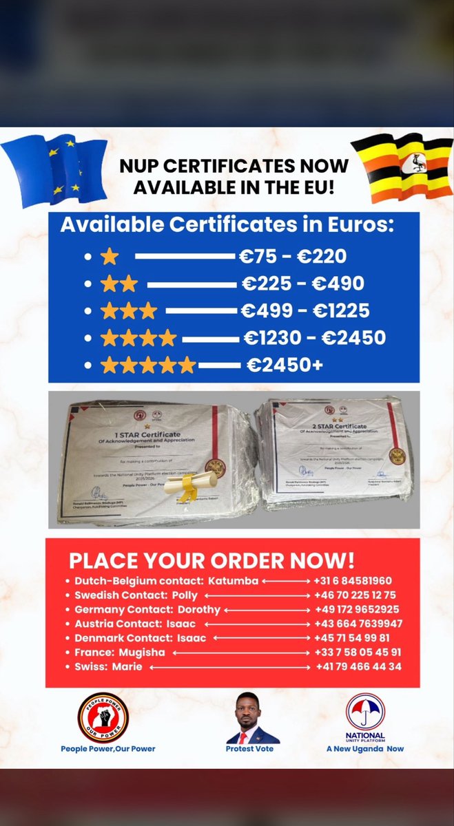 FreeUganda10's tweet image. All categories of protest vote certificates are now available! Join the movement! #PeoplePower #ProtestVoteUG #Uganda #ChangeNow #BobiWine2026