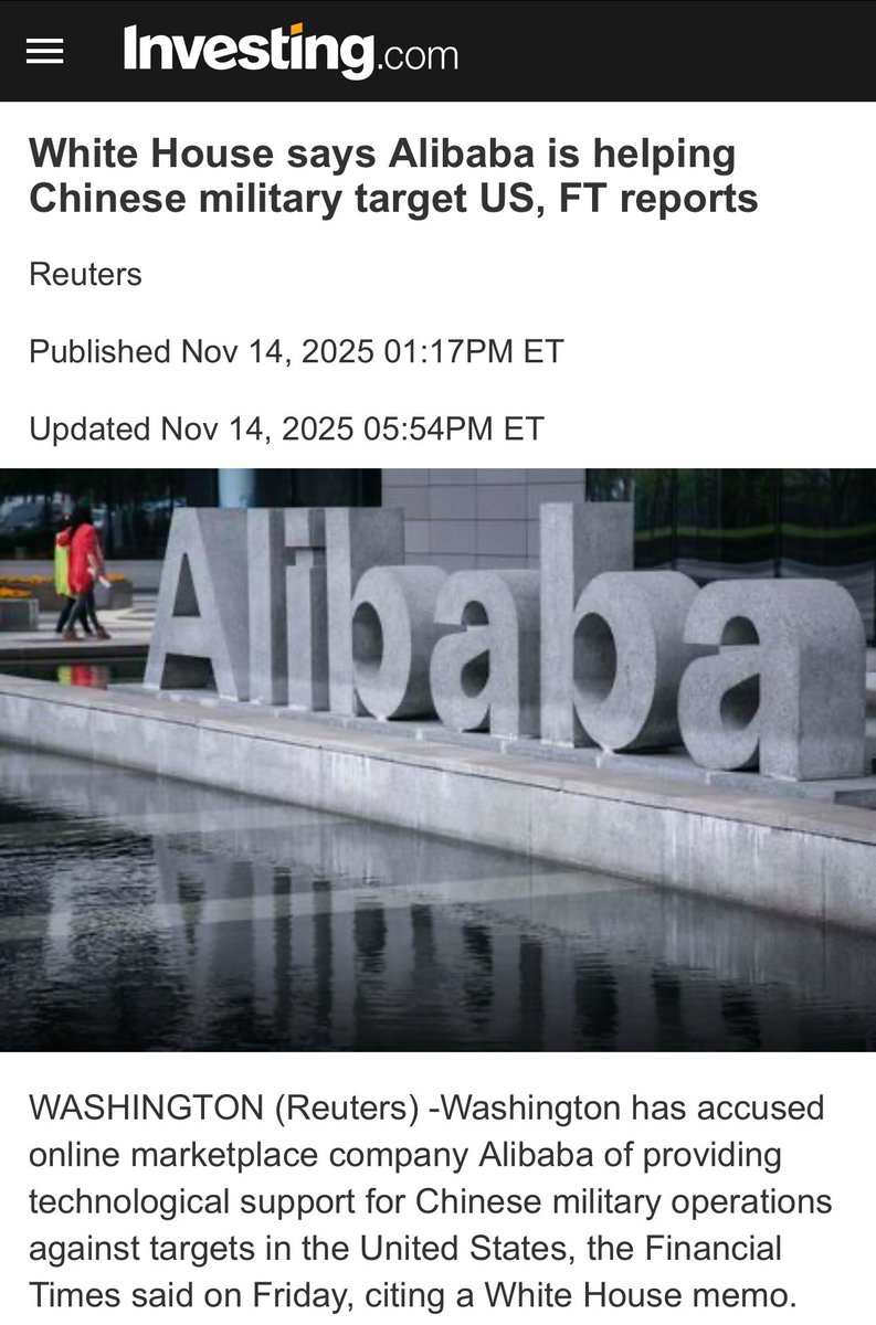 美国之声—阿里巴巴帮助解放军对付美国】2025年11月14日《金融时报》援引白宫一份国家安全备忘录： 阿里巴巴为中共国针对美国目标的军事行动提供技术支持。  注：有消息称，阿里巴巴正打造AI个人助手-千问APP，全面对标ChatGPT。 #阿里巴巴#