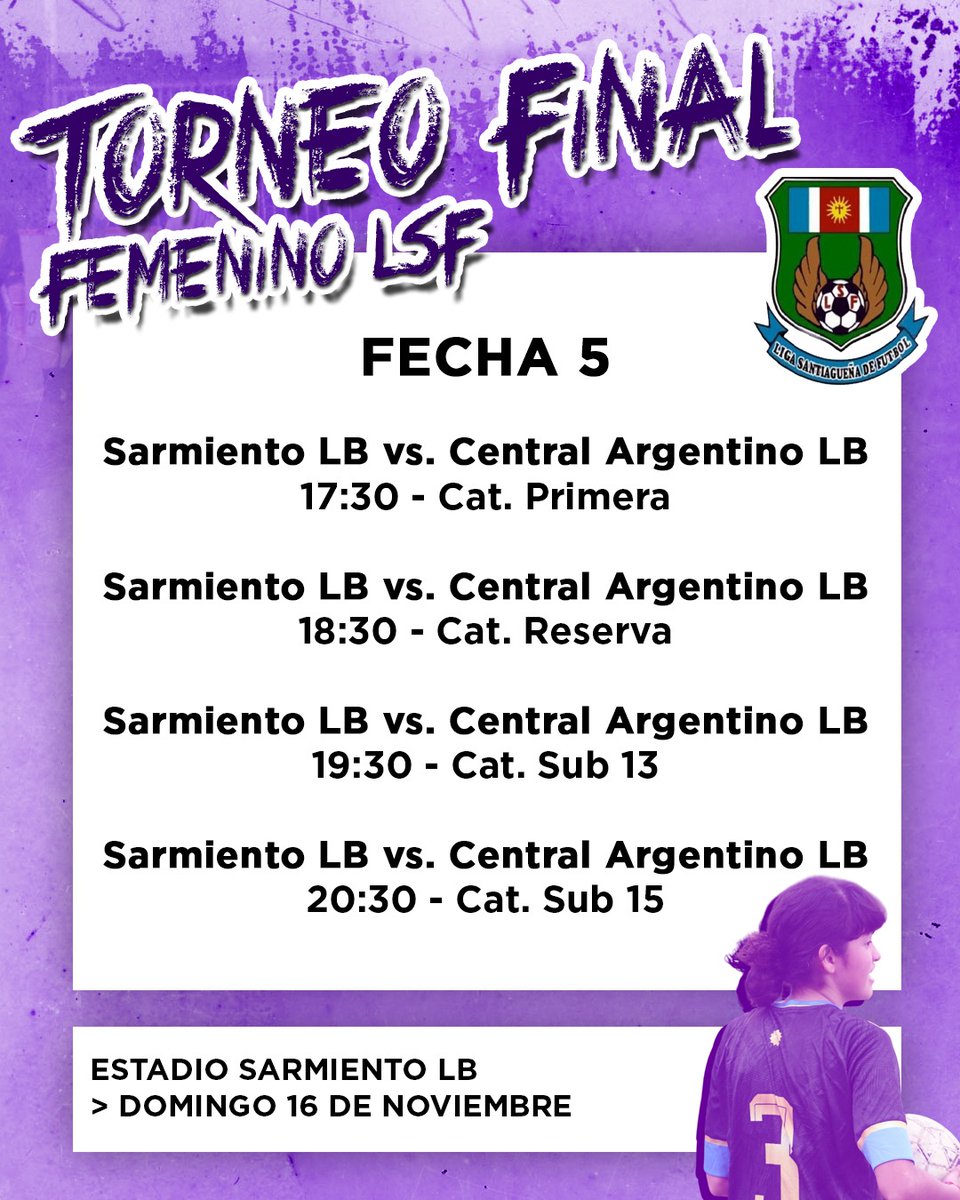 #FemeninoLSF  ⚽️🏃‍♀️ / A PURO CLÁSICO

La Fecha 5 del Torneo Final Femenino se jugará este fin de semana, bajo la siguiente programación y con dos grandes clásicos como atractivo principal ⬇️
