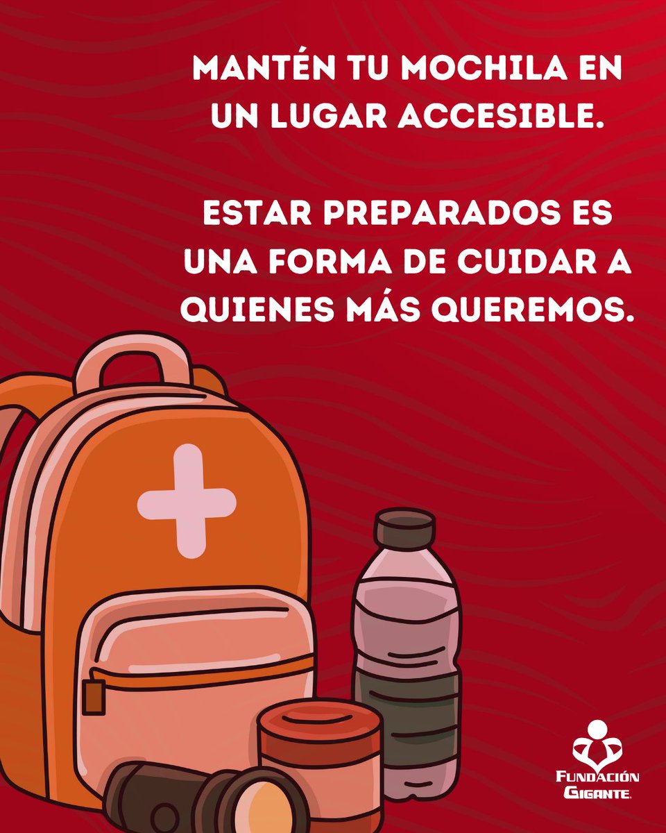 🎒En una emergencia, tener a la mano una mochila con lo esencial puede marcar la diferencia. 
Mantente a salvo, actúa con calma y asegúrate de que tu familia, tus mascotas y tú estén listos para cualquier situación. 💫

#FundaciónGigante #PrevenciónConPropósito