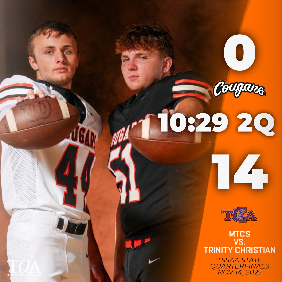 MTCSAthletics's tweet image. TCA with 34 yard TD run. XP good. #GoCougars @cecil_joyce @WGNSSportsRadio @MainStreetPreps @615Preps