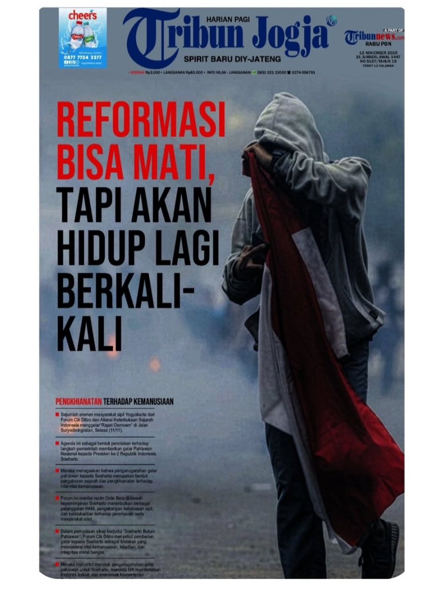 paksiraras's tweet image. Tribun Jogja menggila…selama 4 hari beruntun sejak suharto jadi pahlawan, headline tribun tak berhenti melawan