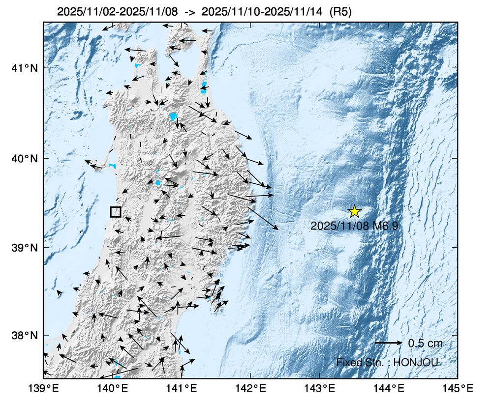 hacchan9642's tweet image. 電子基準点日々の座標値速報解、9日の三陸沖の地震M6.9の前7日間、後5日間それぞれの平均の差のベクトル。固定点は本庄。太平洋側の観測点で震源に向かう数㎜の微小な変動があったようである。