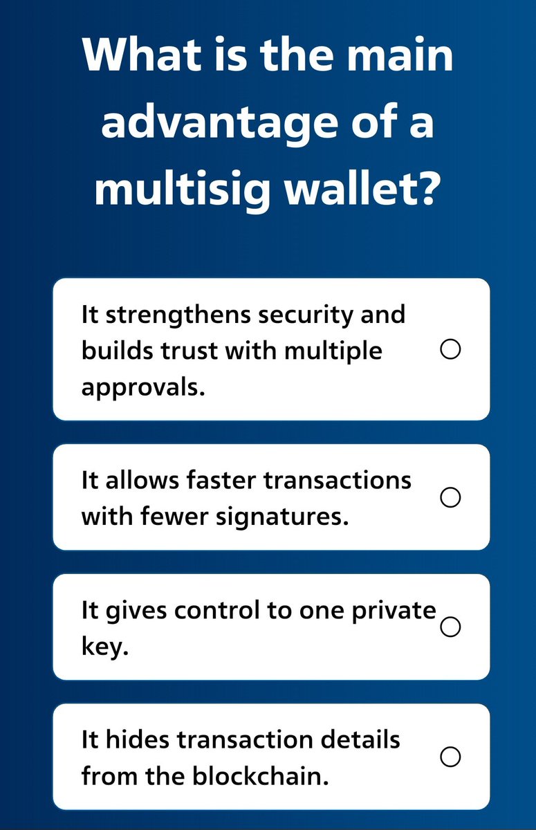 spurprotocol's tweet image. 💡 Need A Clue On Today&apos;s Quiz?

A multisig wallet can have different configurations. The idea is that multiple signatures are required to confirm a transaction.

Learn more: spurprotocol.com/post/what-is-a…