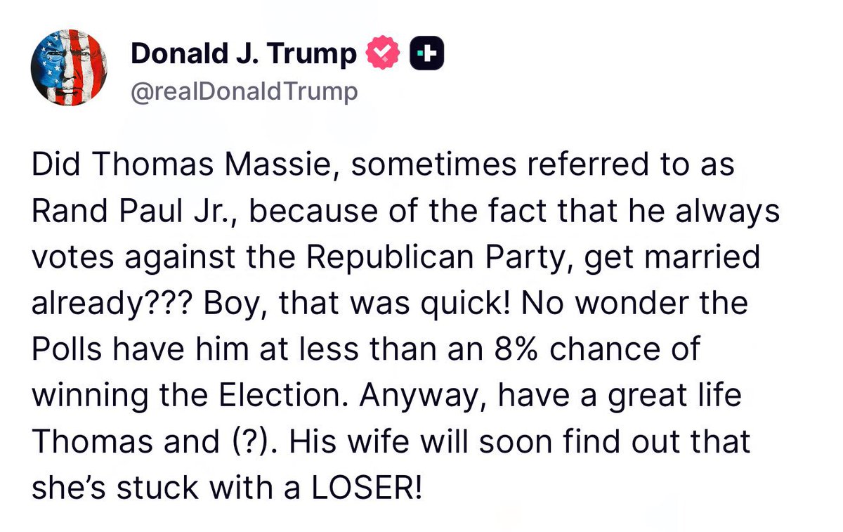 WarClandestine's tweet photo. Trump is dropping the hammer on woke-Right darlings, Massie and MTG.

All Massie does is oppose Republicans and smear Trump. 

All MTG does is complain, smear Trump, and embarrass the rest of us.

Prepare to be primaried traitors. https://t.co/MvJlDhJc8N