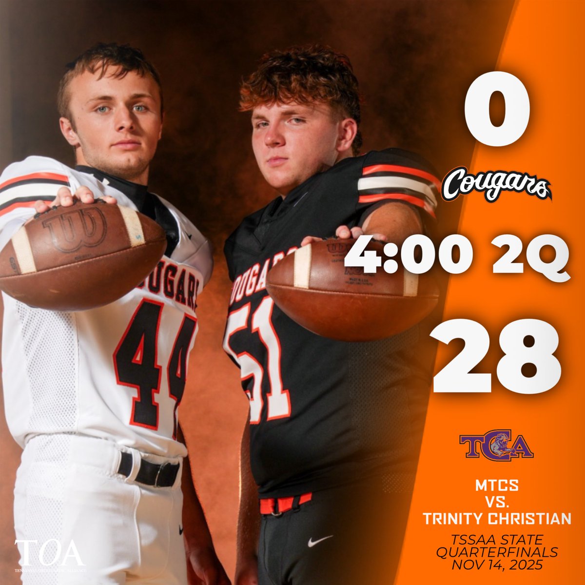 MTCSAthletics's tweet image. TCA with the 6 yard TD run. XP good. #GoCougars @cecil_joyce @WGNSSportsRadio @MainStreetPreps @615Preps