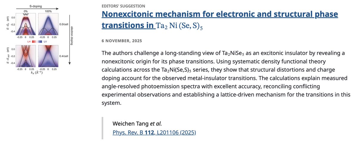 PhysRevB's tweet photo. PRB Editors' Suggestion: Nonexcitonic mechanism for #electronic and structural #PhaseTransitions in Ta2Ni(Se,S)5
W. Tang, Z. Li, C. Chen, Y. He, and S. G. Louie
Phys. Rev. B 112, L201106
➡️ https://t.co/XPmSrn5LME
#PRBLetter #EdSugg @APSPhysics #physics #condmat https://t.co/0E2qu2hm1y