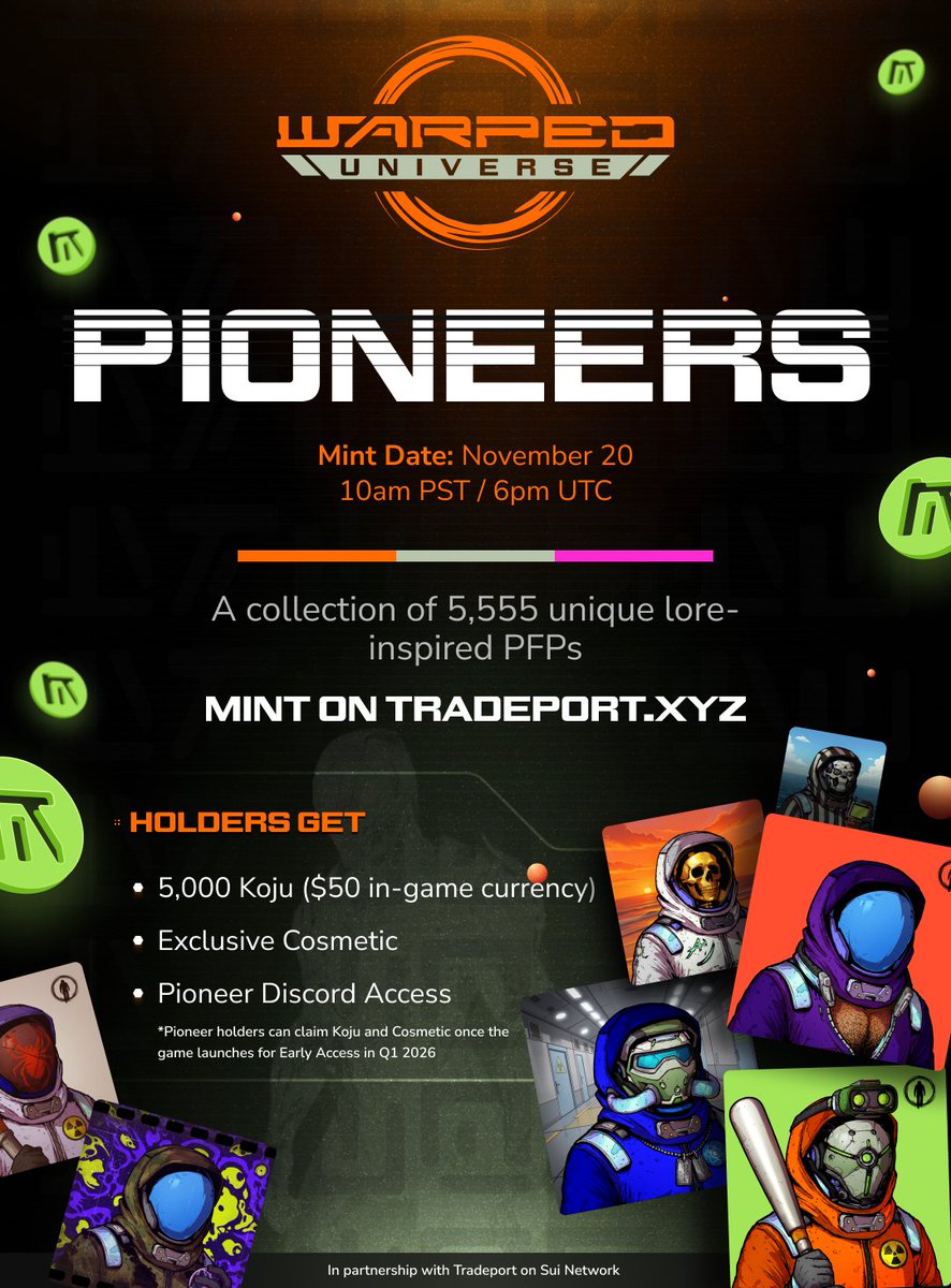 Enter the Warped Universe by <a href="/warped_games/">Warped Games</a> with the upcoming Pioneers mint on <a href="/tradeportxyz/">TradePort</a>. 

In this ambitious co-op PvE game, your choices and actions shape the balance of worlds and universe progression. 

 Built in Unreal Engine 5, Warped Universe blends:
 🔭 Space flight