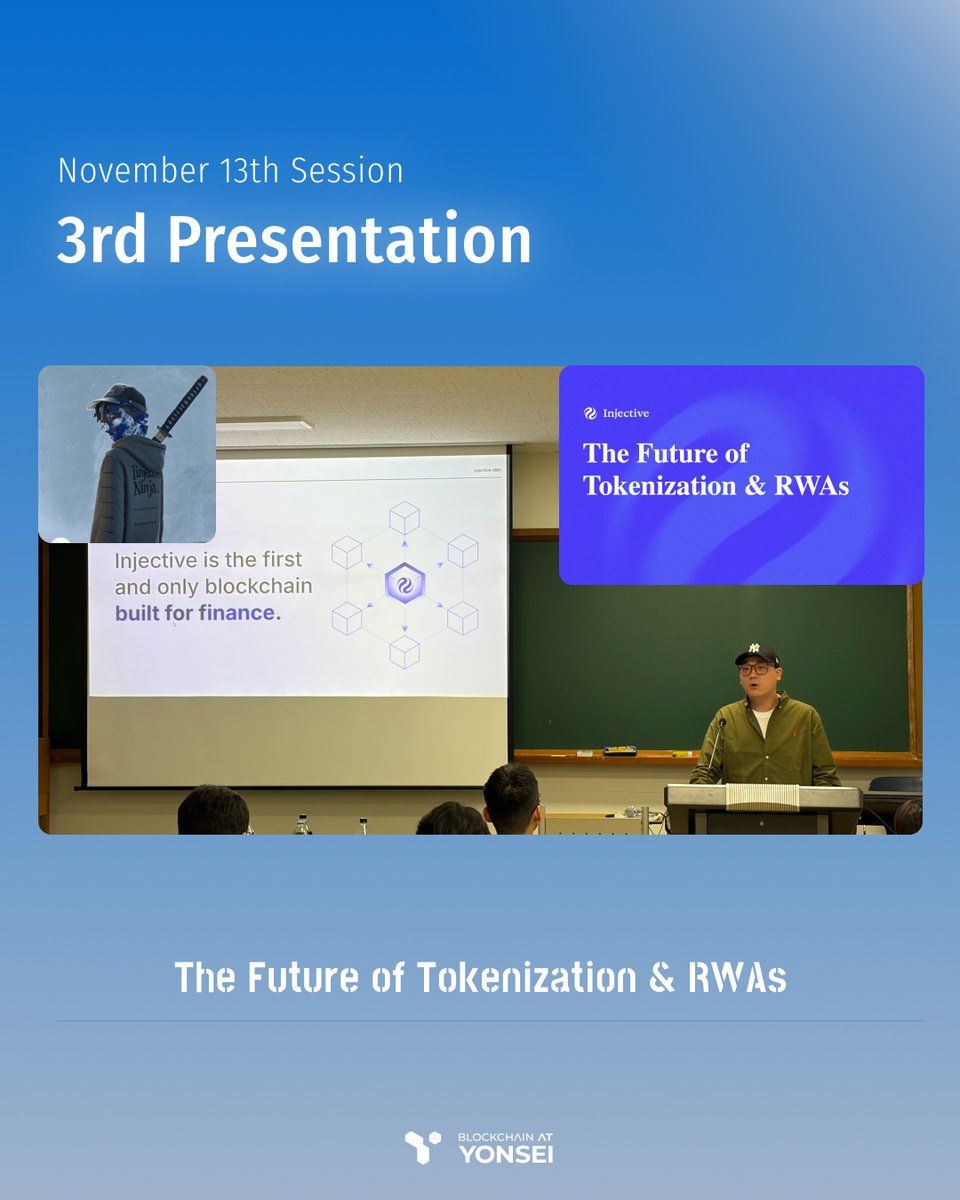 BAY x Injective External Session | Nov 13
Last week, we hosted our 5th external session of the semester with the Injective team: <a href="/AndKrypto/">Andrew K 🥷</a> , <a href="/Hope_web3_/">Hope | Web3.0 (❖,❖)</a> , and <a href="/_meganpark/">Meganpark</a>  from Korea Ninja Labs.

🔹 Surviving the crypto ecosystem
Hope kicked things off with a grounded breakdown