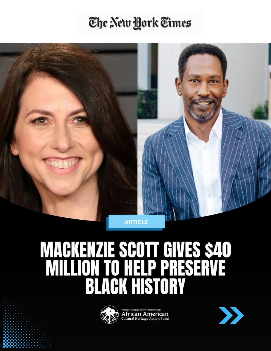 DBrown99944's tweet photo. Mackenzie Scott donates $40 million to help preserve black history. Gift is dedicated to protecting black heritage sites across America. https://t.co/TeUTaTHwpu