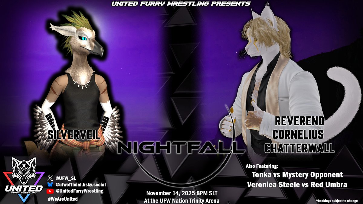 UFW_SL's tweet image. UFW Nightfall is LIVE @ 8 pm SLT from the Trinity Arena!

Ring Maestro TONKA faces a MYSTERY OPPONENT?
VERONICA STEELE and RED UMBRA clash in a Hardcore Match!

And your Main Event:

REVEREND CHATTERWALL battles SILVERVEIL!

#BeFEARLESS! 

maps.secondlife.com/secondlife/UFW…