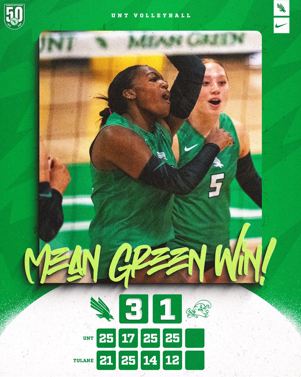 A night to remember 🤩

The Mean Green defend home court with a four-set win over Tulane as Alexa Washington drops her third triple-double of the season!!

#LightTheTower 🟢 | #GMG 🦅