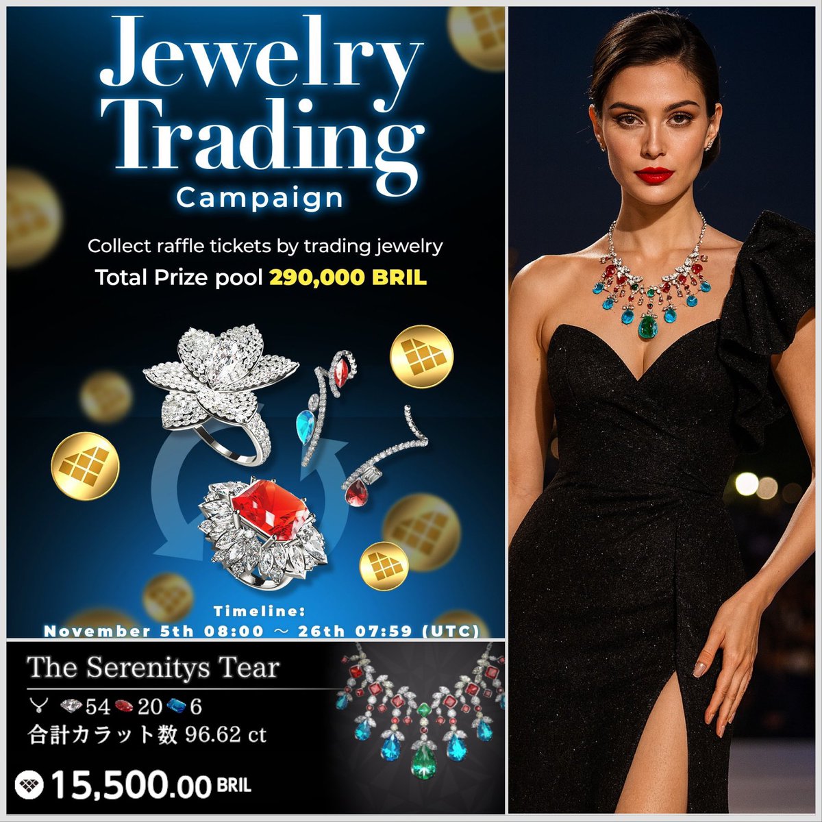 xx__relax__xx's tweet image. 💎First Jewelry Trading Campaign💎
✨Total Prize pool 290,000 BRIL ✨

Start Trading Jewelry Today!
Featured Sold jewelry
Creator Engfa Waraha “The Serenity's Tear”

Check the official X for details.
@Brypto_Official @Brypto_JP

Digital Gemstone Collective #PR 
#Brilliantcrypto
