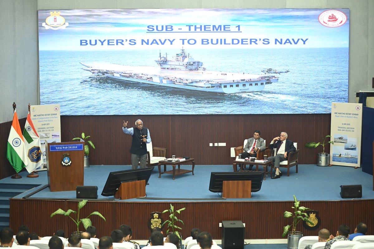 InNwc's tweet image. #NWC Maritime History Seminar #ChatAtChola delivered an illuminating exploration of Indian Navy’s indigenisation journey, charting its rise from a Buyer’s Navy to a confident Builder’s Navy.

Eminent veterans Capt NS Mohanram, VAdm B Kannan, Capt S Prabhala, VAdm IC Rao &amp;amp; VAdm KO…