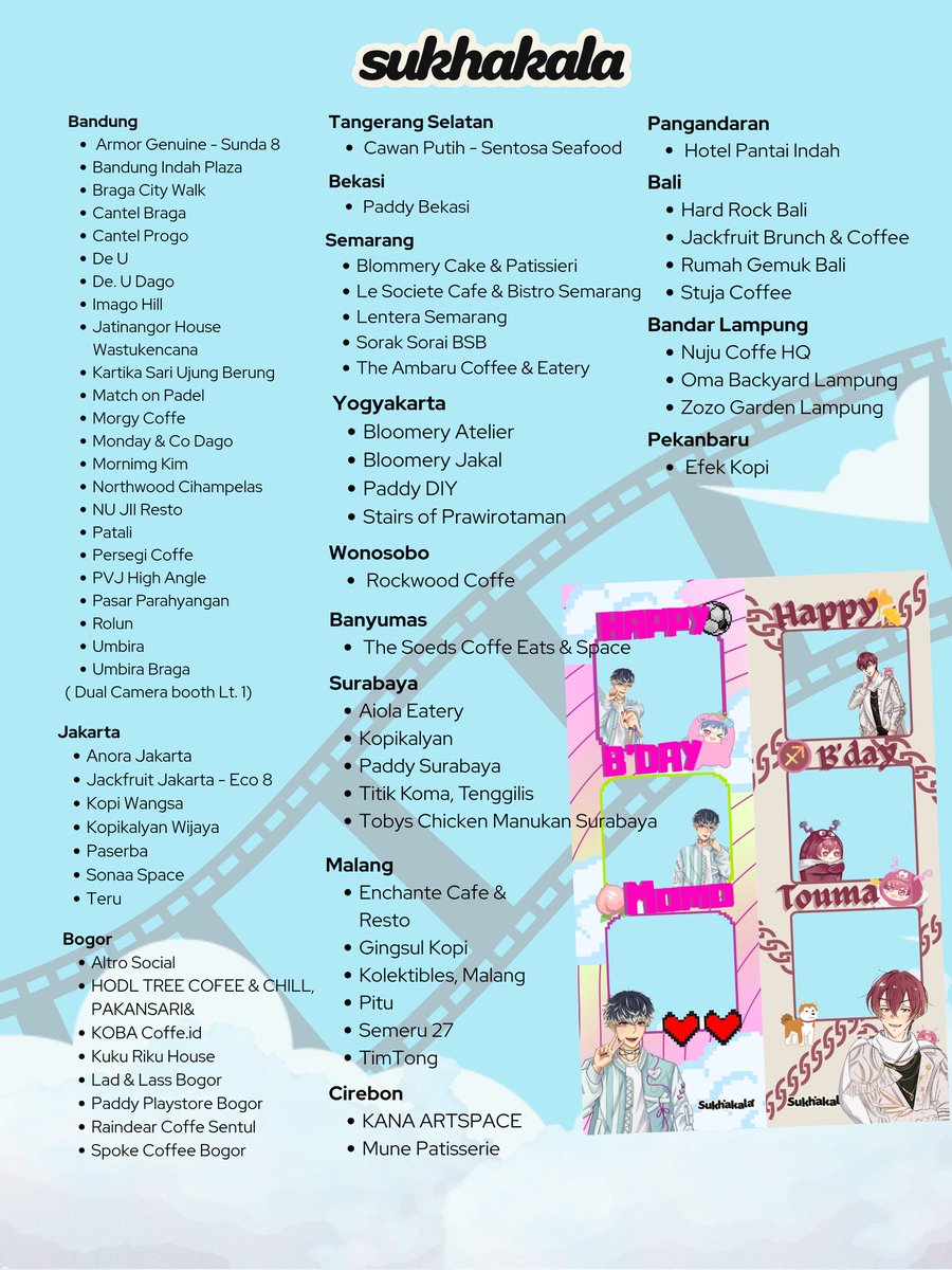 [EVENT]
Event Photobooth masih berlangsung loh! 
Kali ini giliran Momo dan Touma!

Silakan datang ke lokasi tertera dan tolong tag kita dan share pake hashtag #16starsignftALN. Jangan lupa tag IG booth-nya juga ya! 

Selamat beraktivitas dan jaga diri kalian! Terima kasih. —🌕