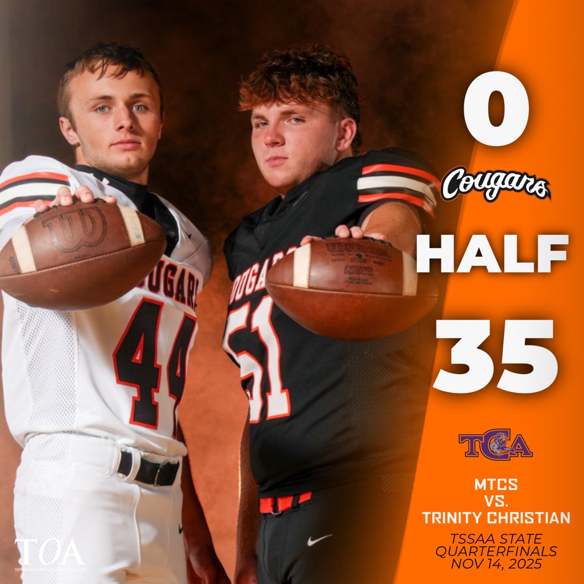 MTCSAthletics's tweet image. TCA with a long TD pass with 5 seconds left in the half. XP good. #GoCougars @cecil_joyce @WGNSSportsRadio @MainStreetPreps @615Preps