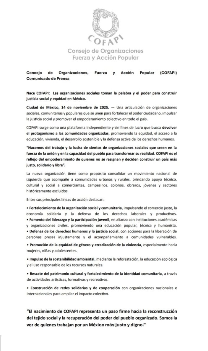 Rodrigo_RMx's tweet photo. Concejo de Organizaciones Fuerza y Acción Popular (COFAPI) hace un llamado a la unidad popular y la organización ciudadana.
Desde nuestros barrios, comunidades, reafirmamos el compromiso de construir un México más justo y digno.
#COFAPI #UnidadPopular #Avanzarenlaluchapopular https://t.co/dbpLglTJOD