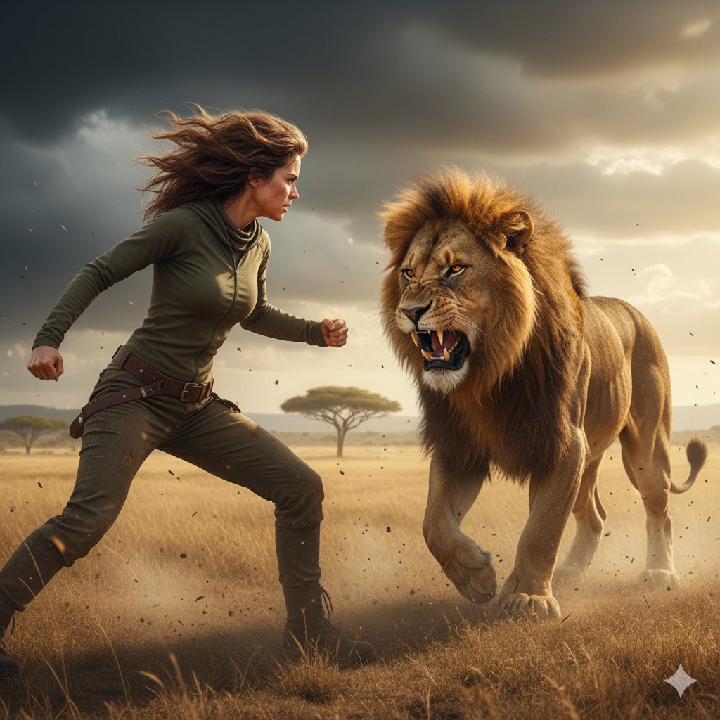 Aria_Techl's tweet photo. Epic Battle of Courage: Woman vs Majestic Lion in the Heart of the Savannah

PROMPT⤵️

An epic, hyper-realistic cinematic scene of a courageous young woman in a fierce battle with a majestic lion in a vast African savannah. She is in a dynamic combat stance, fully covered in practical, modest athletic attire that allows movement long-sleeved top, fitted pants, and boots. Her face shows determination, with windswept hair partially visible and expressive eyes locked on the lion. The lion, massive and powerful, growls fiercely, mane flowing, muscles coiled for action. The golden grassland stretches endlessly under a dramatic sky, storm clouds clashing with rays of sunlight piercing through, casting cinematic shadows. Dust, flying debris, and swaying grass accentuate the tension and movement. Ultra-realistic textures highlight the lion’s fur, the woman’s clothing folds, and environmental details. Cinematic lighting and dynamic composition create an intense, heroic atmosphere, capturing the raw courage, strength, and epic confrontation of this life-and-death moment, while maintaining modesty in the woman’s full-body attire.