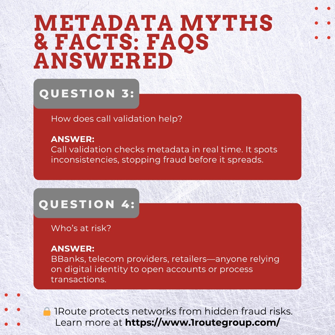 1RouteGroup's tweet image. Confused about synthetic identities and metadata? You’re not alone. We’ve broken down the top FAQs, from how they’re built to why telecom is at risk, and how call validation makes the difference. #SyntheticFraud #MetadataSecurity #1RouteSecure