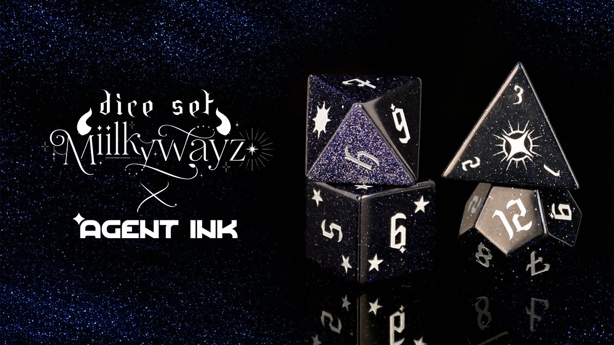 AgentInk's tweet image. Our collab with the lovely @Miilkywayz is here!! 🌌 

♡ Cosmic dice set 
♡ Witching hour desk mat 
♡ Miilkywayz jersey

Pre-orders are open for 5 weeks, go check it out 💫

agentink.gg/miilkywayz