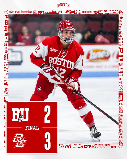 Player in red and white Boston University womens hockey uniform number 12 skates on ice rink holding stick, wearing helmet and pads, with blurred arena crowd and boards in background showing sponsor logos. Score graphic overlay displays BU 2 FINAL BC 3 with team logos. Border frame includes Boston skyline, Terrier mascot, and 1889 founding year.