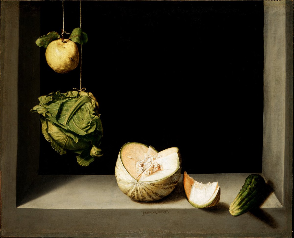 mstr_null's tweet image. Okay, zooming in on this one for a sec: why did Cotán treat a random quince like a dang relic?

Juan Sánchez Cotán, Quince, Cabbage, Melon and Cucumber (c. 1602). Spanish Golden Age bodegón at its peak. Palette is restrained: cool leafy greens, muted ochres, a melon slice…