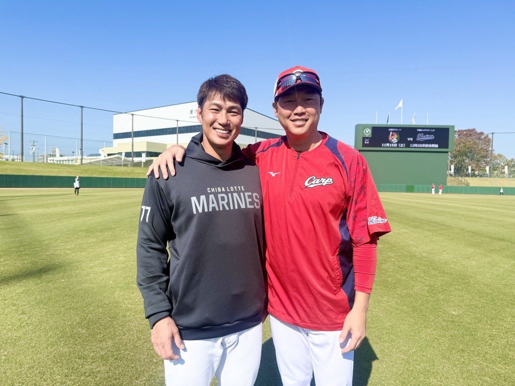 chibalotte_pr's tweet image. カープ #新井貴浩 監督と #栗原健太 打撃コーチ。
本日はカープとの練習試合です。
#chibalotte #広報 #carp