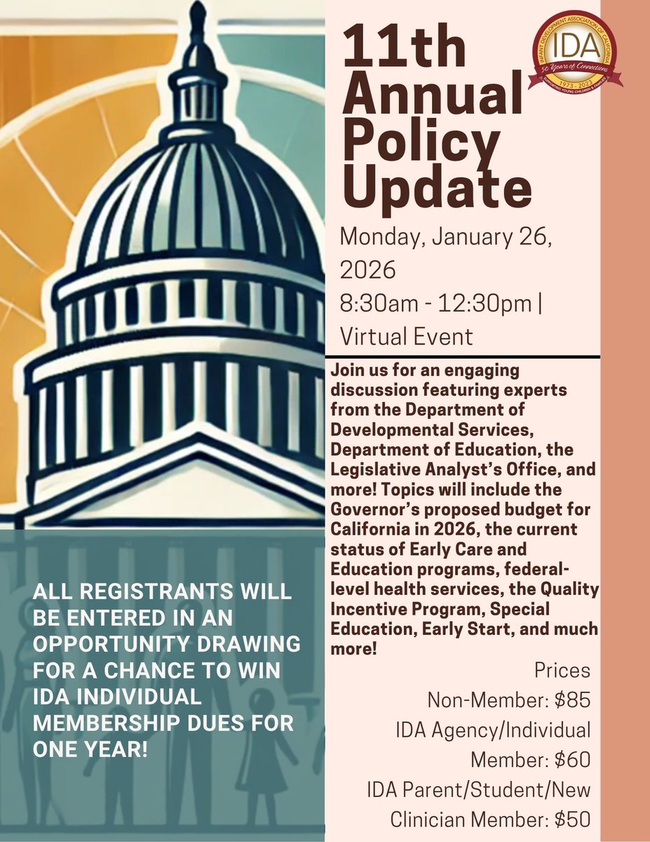 IDAofCA's tweet image. 11th Annual Policy Update
Monday, January 26, 2026
8:30am to 12:30pm | Virtual Event | Speakers to be announced soon!
Register here: idac.memberclicks.net/11th_annual_po…
Can&apos;t attend the event live? Register to receive access to the recording!