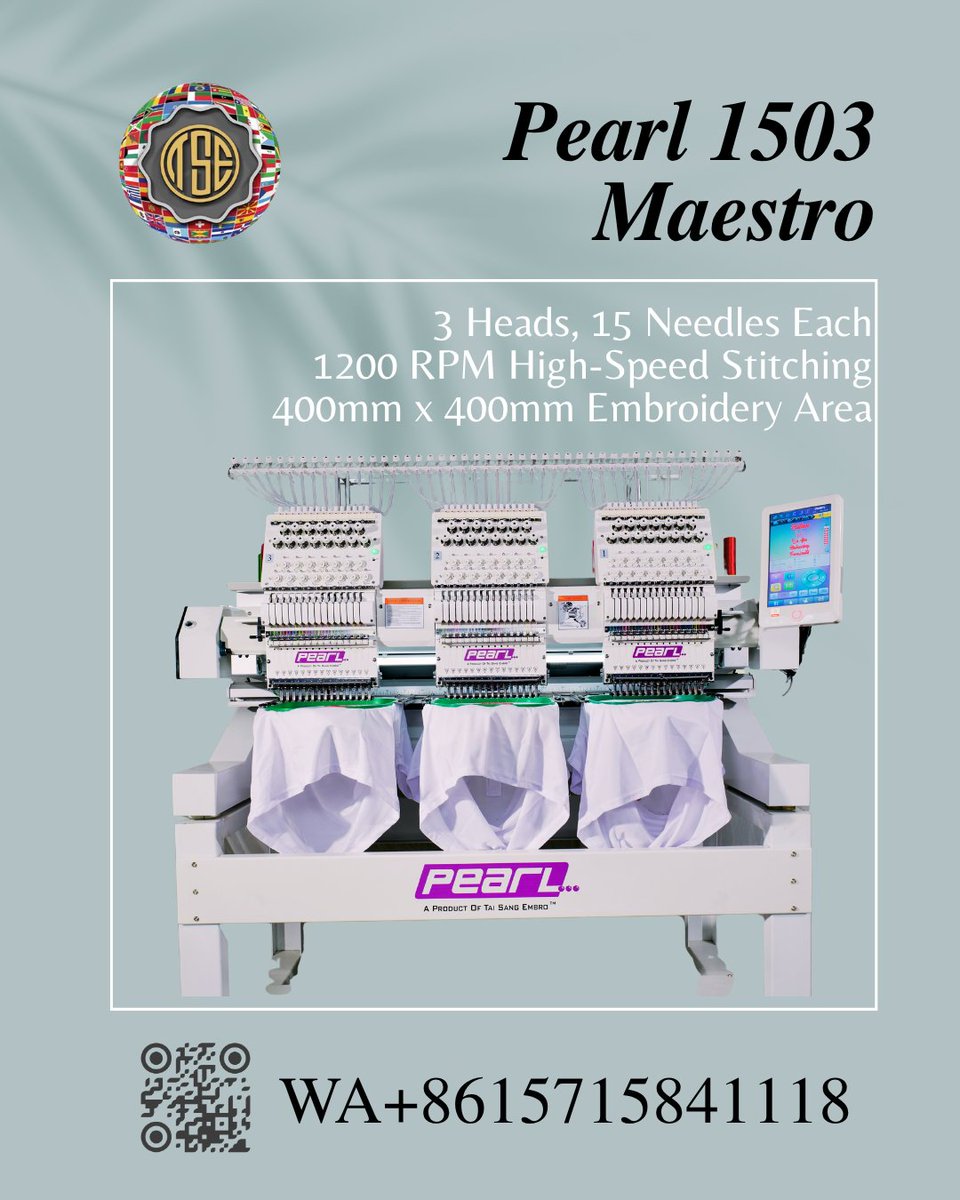 TaisangMKT's tweet image. 🎯 PEARL 1503 Maestro
Power, precision, and performance — all in one machine! ✨
💥 3 Heads | 15 Needles Each
💨 1200 RPM High-Speed Stitching
🧵 400mm x 400mm Embroidery Area
wa.me/8615715841118
#TaiSangEmbroidery #PEARL1503Maestro #EmbroideryMachine #ProfessionalEmbroidery