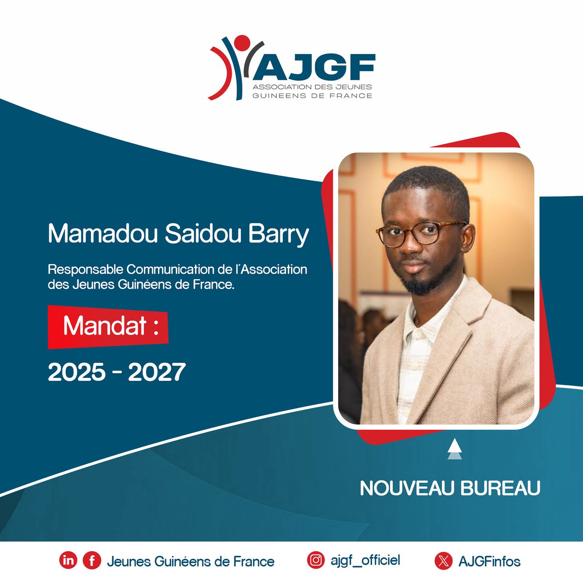 3️⃣ 𝐑𝐞𝐬𝐩𝐨𝐧𝐬𝐚𝐛𝐥𝐞 𝐂𝐨𝐦𝐦𝐮𝐧𝐢𝐜𝐚𝐭𝐢𝐨𝐧 ! 

L’Association des Jeunes Guinéens de France a le plaisir de vous présenter son responsable de la communication, Mamadou Saidou Barry ~ <a href="/Barry1saidou/">Saïd ~ Barry</a>, élu lors de l’Assemblée générale élective du 08 Novembre 2025 à Paris.