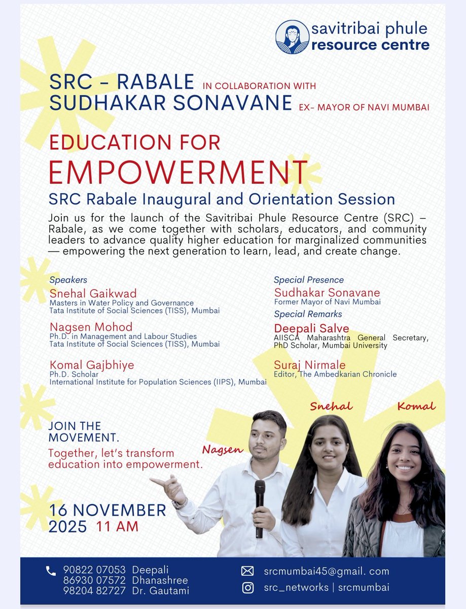 Jai Bhim,

We cordially invite you to the inauguration of the SRC Center, scheduled to take place on 16th November in Rabale (Navi Mumbai). The program will be graced by the presence of Ex- Mayor of Navi Mumbai, Mr. Sudhakar Sonavane, who will be joining us for the Innovation