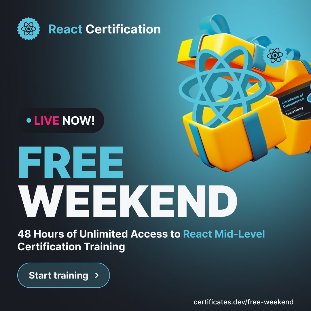 LaravelCert's tweet image. Free React training from @CertificatesDev is now live for 48 hours!

9 chapters • 13 coding challenges • 12 quizzes • Trial exam included

Get access → certificates.dev/react/free-wee…