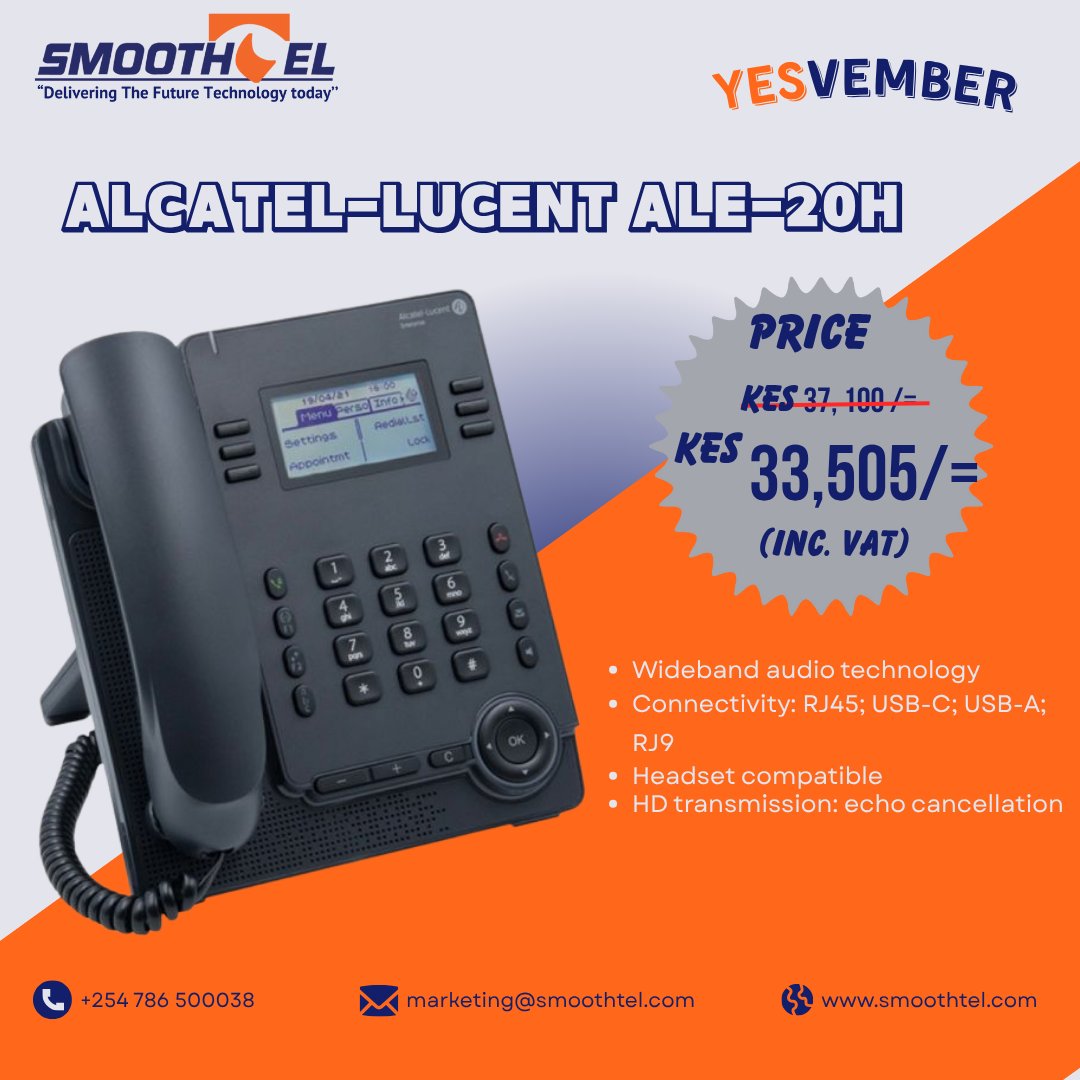 Smoothtel's tweet image. Enhance your team’s communication with Alcatel-Lucent ALE-20H - a perfect balance of clarity and performance.
🔹 Wideband Audio
🔹 USB-C &amp;amp; RJ45 Connectivity
🔹 Headset Compatible
 marketing@smoothtel.com | +254 786 500038
#Smoothtel #BusinessTech #UnifiedCommunications #VoIPPhone